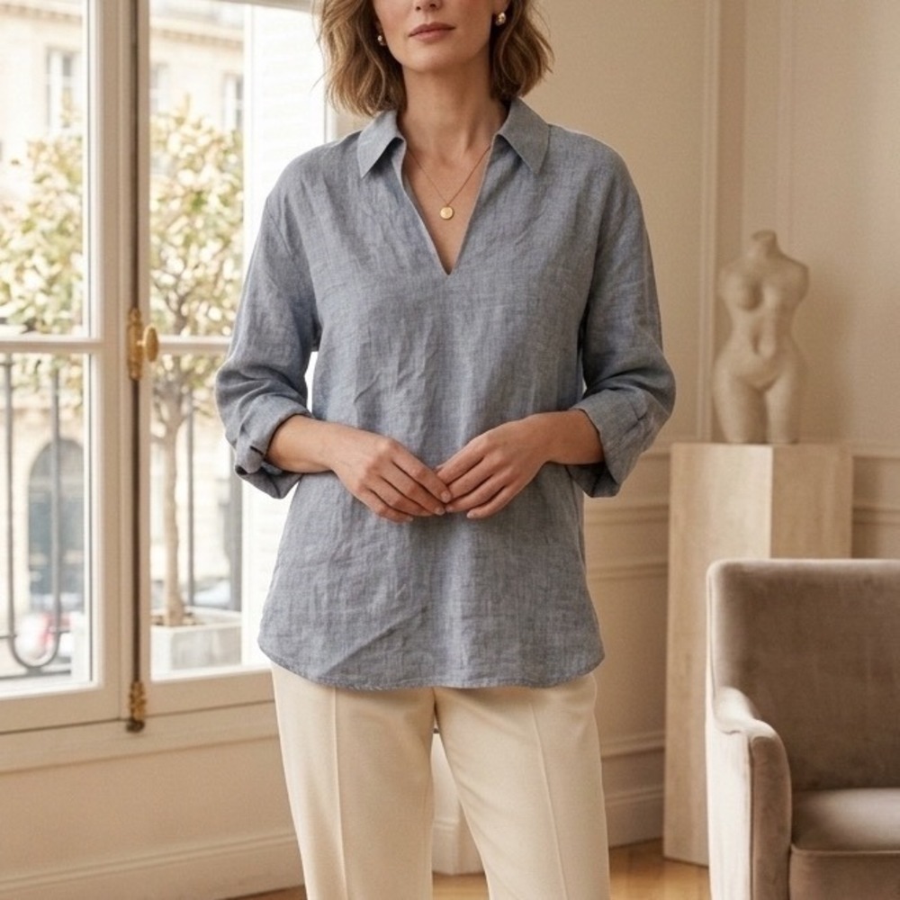 Lafayette 148 New York Blue 100% Linen V-Neck 3/4 Sleeve Tunic Top Medium